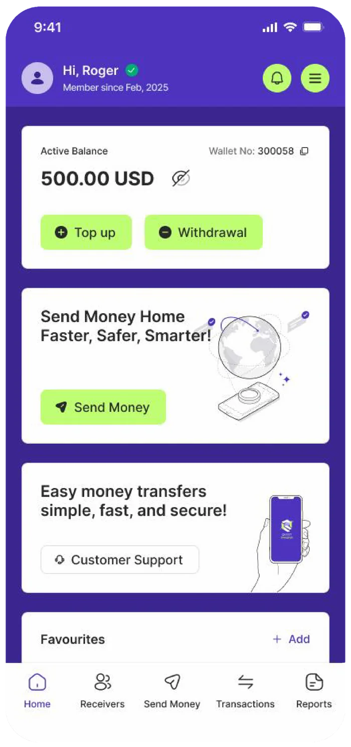 Victory Conquest app showing account balance and quick actions to top up, withdraw, and send money